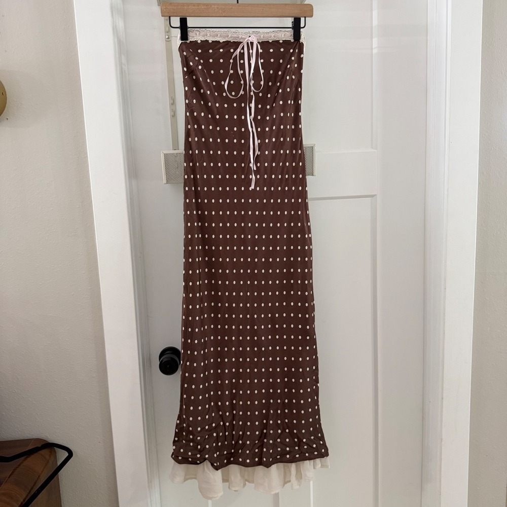 For Love & Lemons Daisy Mae Strapless Polka Dot Midi Dress Brown Pink S Coquette